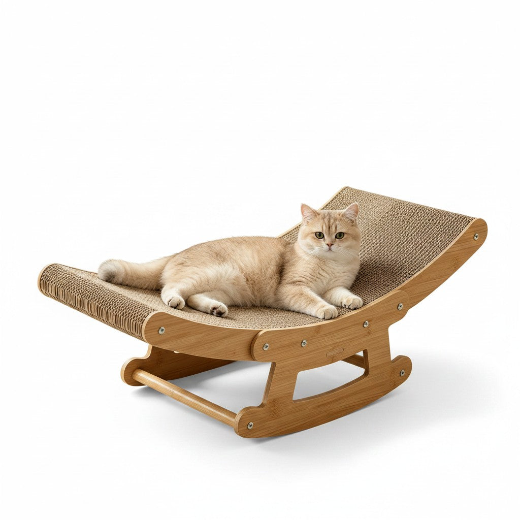2-in-1 Cat Rocking Scratcher Chair - Wooden Cardboard Lounge Bed